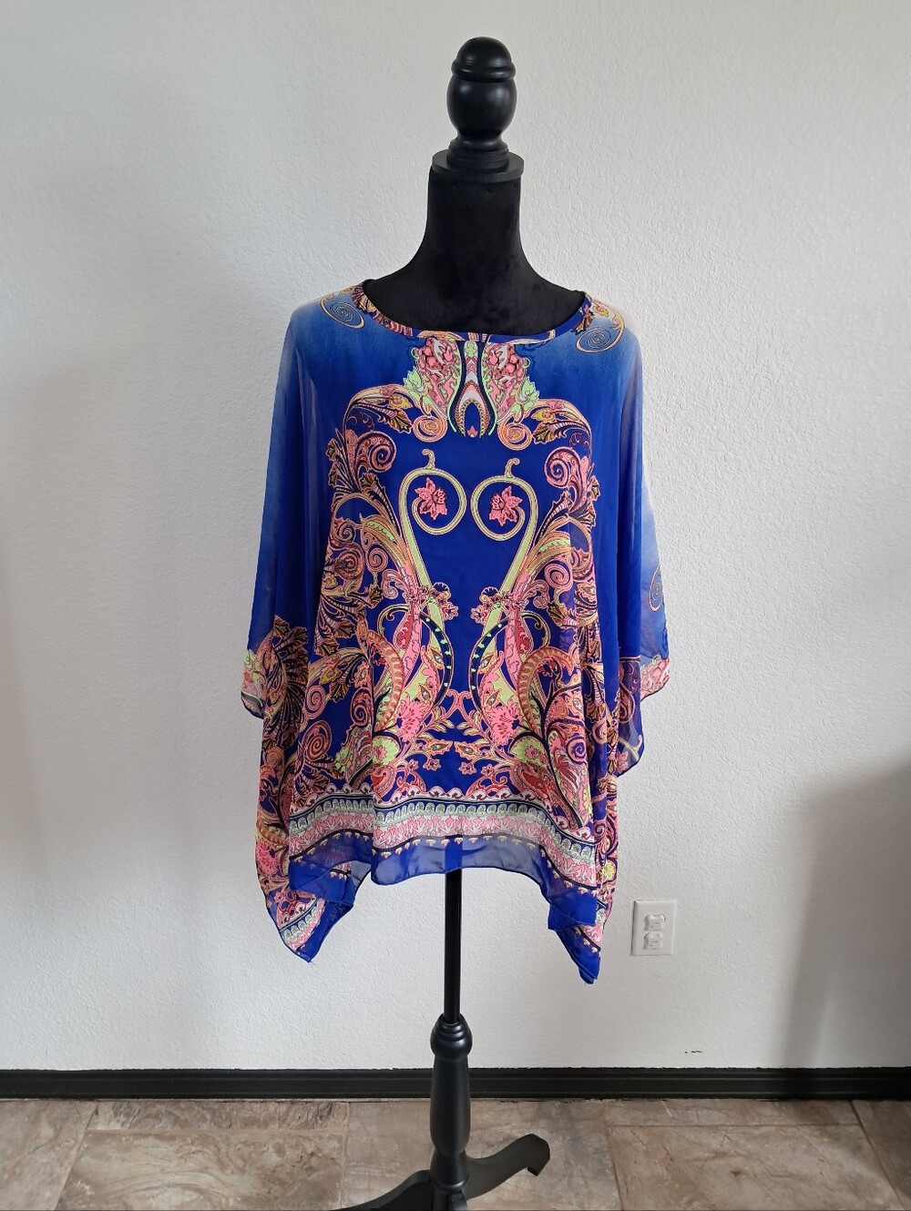 123 Kimono Boho Top Women’s OS Blue Pink Paisley Sheer Asymmetrical Flowy Fairy